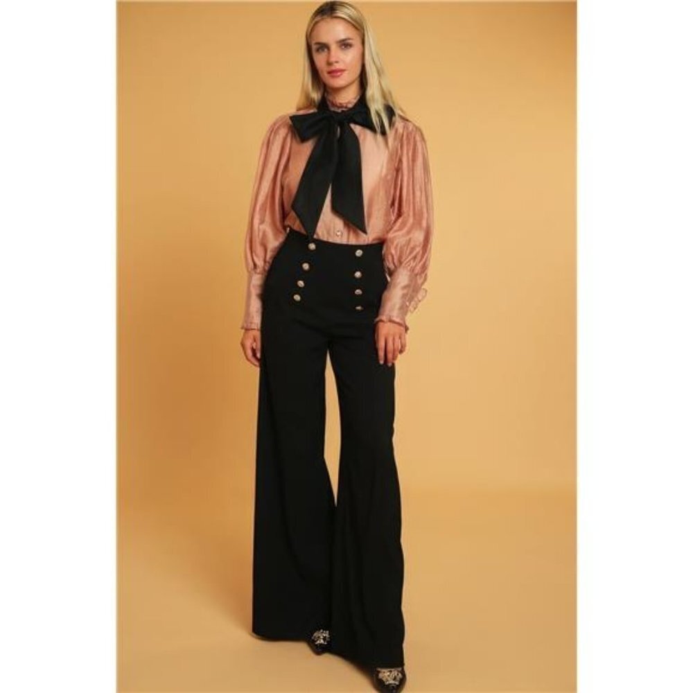 Black High-Waisted Dressy Pants With Button Detailing For Women